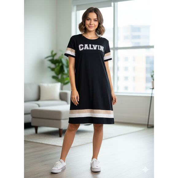 Calvin Klein Black Tan White Stripe Logo V Neck T-Shirt Tee Dress Womens XL - Picture 1 of 5